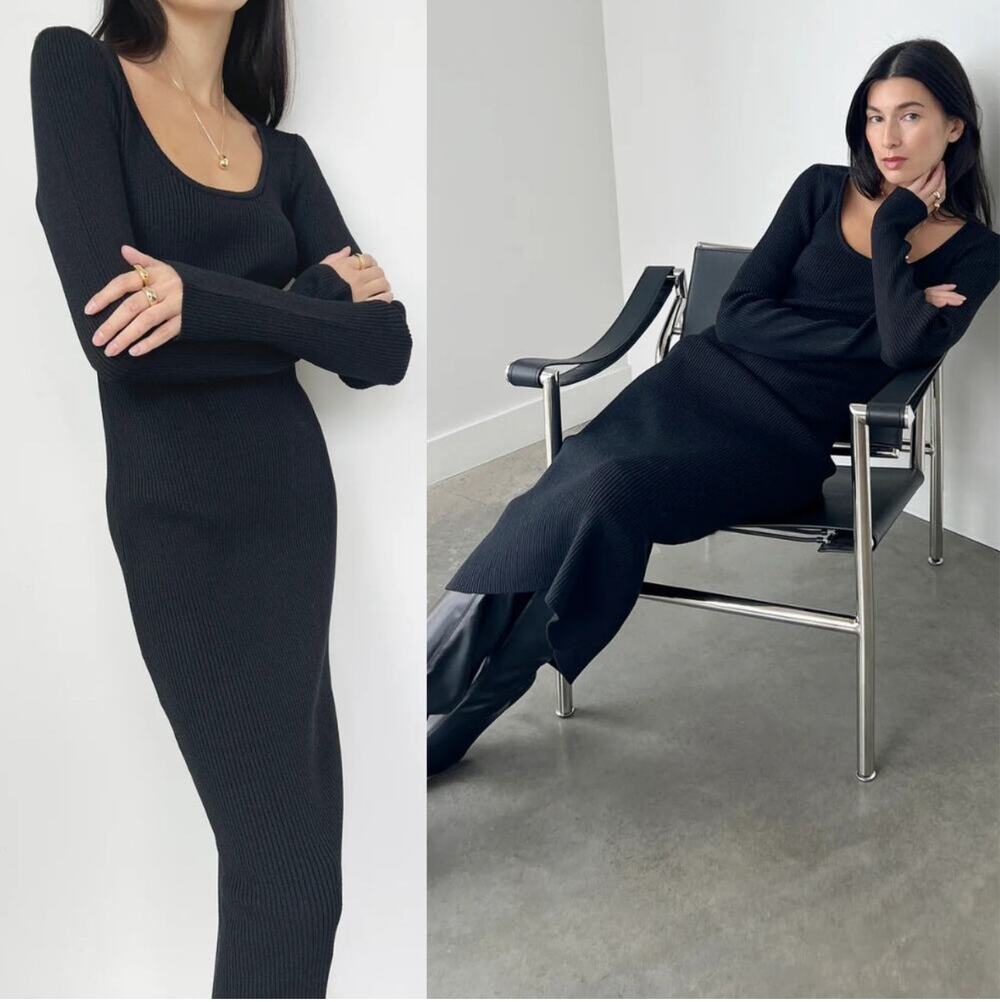 OAK + FORT Scoop Neck Midi Dress Long Sleeve Ribbed Rib Knit Black